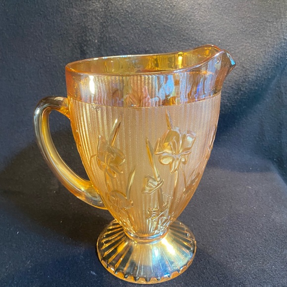 Vintage Jeannette Iridescent Marigold Carnival Iris Herringbone Pitcher - Picture 4 of 6